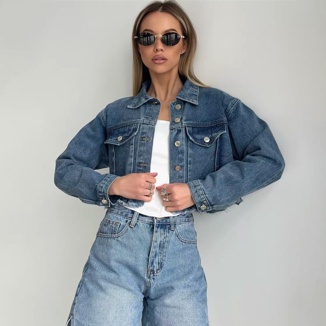 Damen cropped Denimjacke mit lässigen Fransen Drune