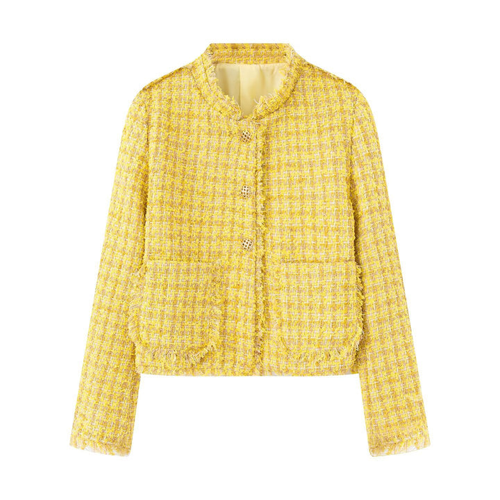 Damen Kurze Tweedjacke mit Fransen und dekorativen Knöpfen Drune