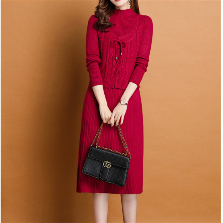 Damen elegantes Strickkleid mit hochgeschlossenem Kragen und dekorativem Zopfdesign Drune
