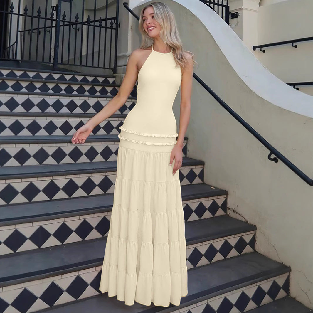 Damen Elegantes Spaghetti-Träger Maxikleid mit Rüschendetails Drune