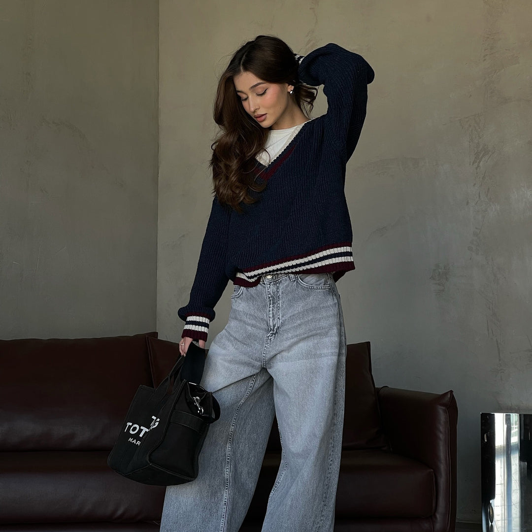 Damen lässiger Pullover mit V-Ausschnitt und Streifendetails Drune