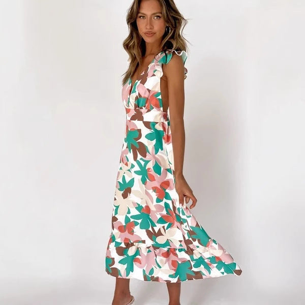 Damen Langärmliges Maxikleid mit verspieltem Rüschendesign und offenem Rücken Drune
