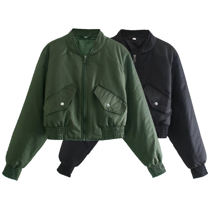 Damen modische cropped Bomberjacke mit praktischen Taschen und elastischen Bündchen Drune