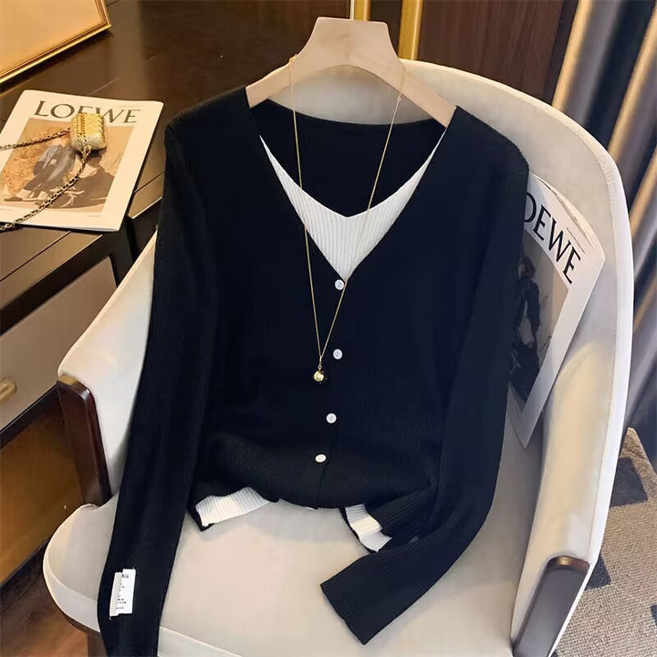Damen lässige Strickjacke mit tiefem V-Ausschnitt und feiner Struktur Drune