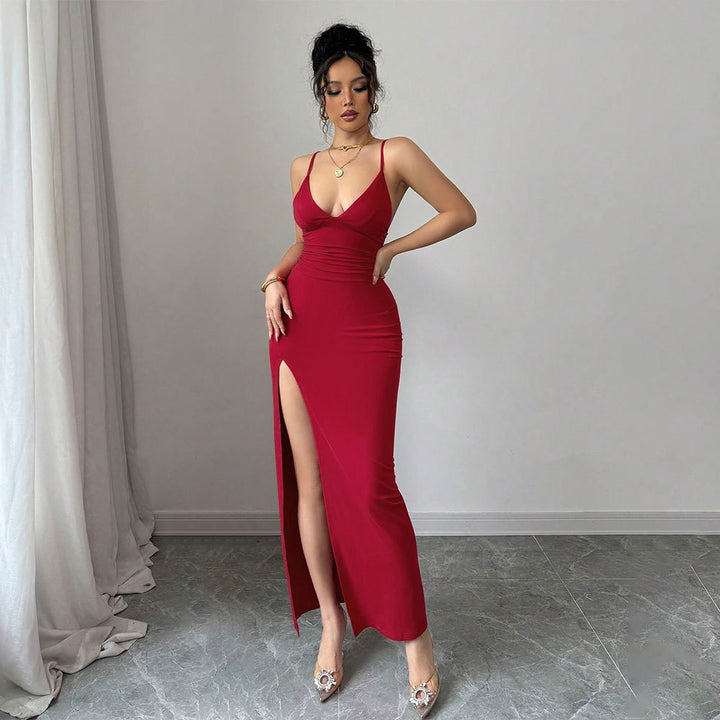 Damen Maxikleid mit tiefem V-Ausschnitt und hohem Schlitz Drune