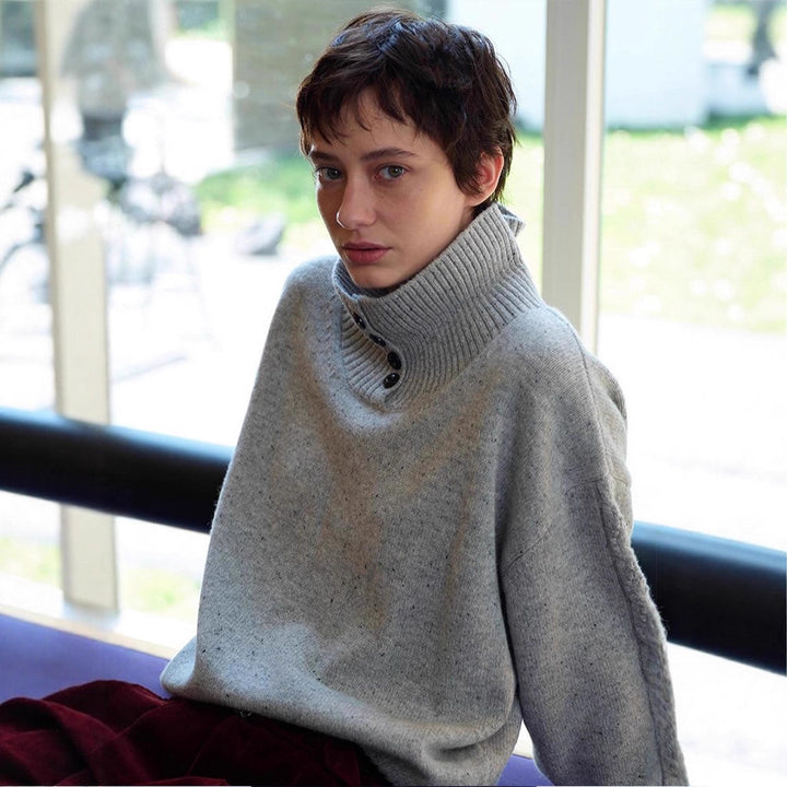 Damen modischer Rollkragenpullover mit Knopfdetails Drune