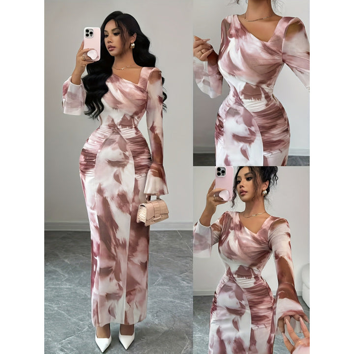 Damen Elegantes Langarm-Maxikleid mit raffiniertem Drapé und figurbetontem Schnitt Drune