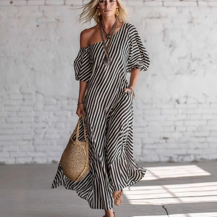 Damen Maxikleid mit asymmetrischem Schnitt und auffälligen Streifen Drune
