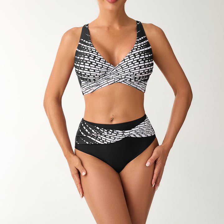Damen Hochtailliertes Bikini-Set mit geschnürtem Oberteil und grafischen Akzenten Drune