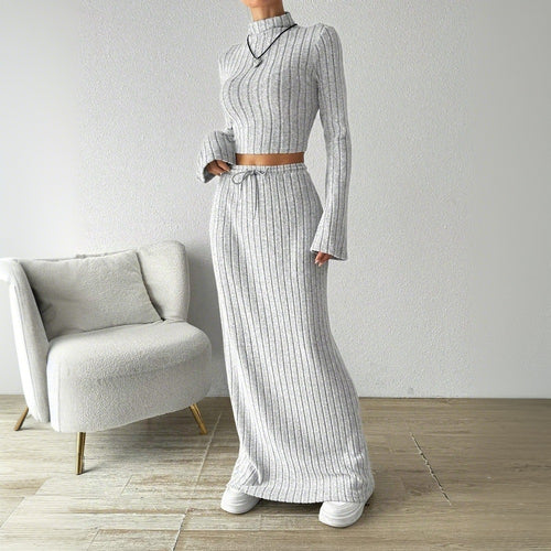 Damen Langarm Crop-Top und Maxi-Rock Set mit eleganter Rippstruktur Drune