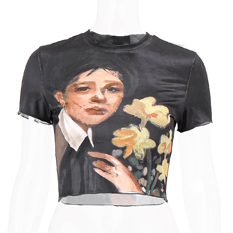 Damen cropped T-Shirt mit künstlerischem Druck und figurbetonter Passform Drune