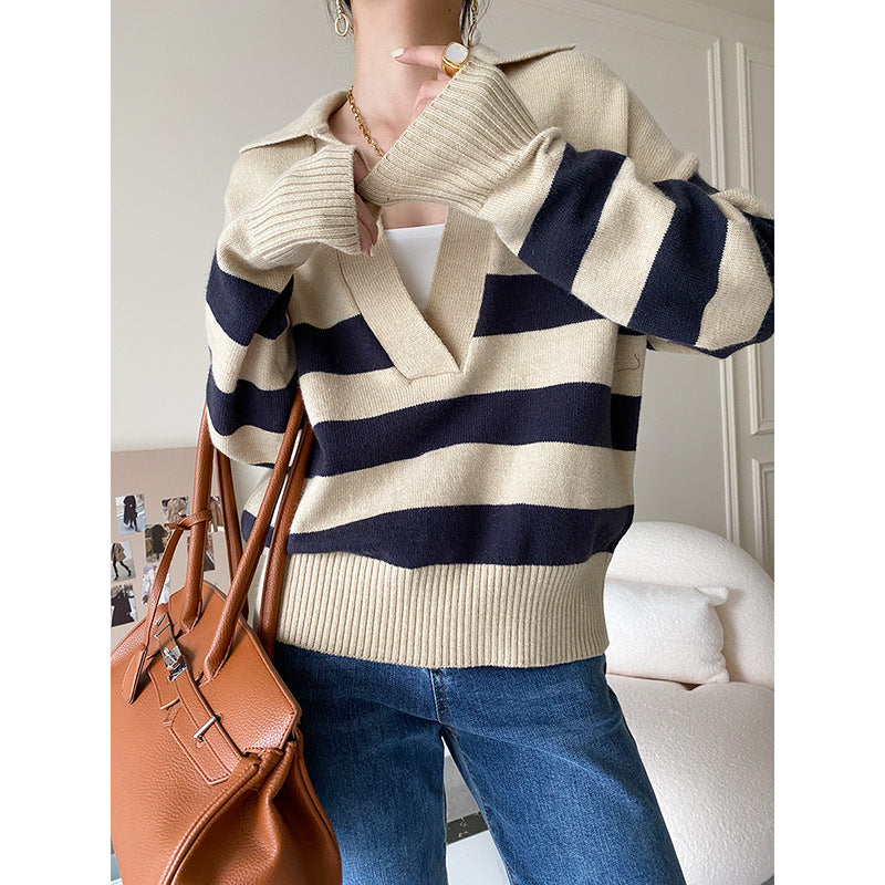 Damen lässiger Strickpullover mit V-Ausschnitt und asymmetrischem Streifenmuster Drune