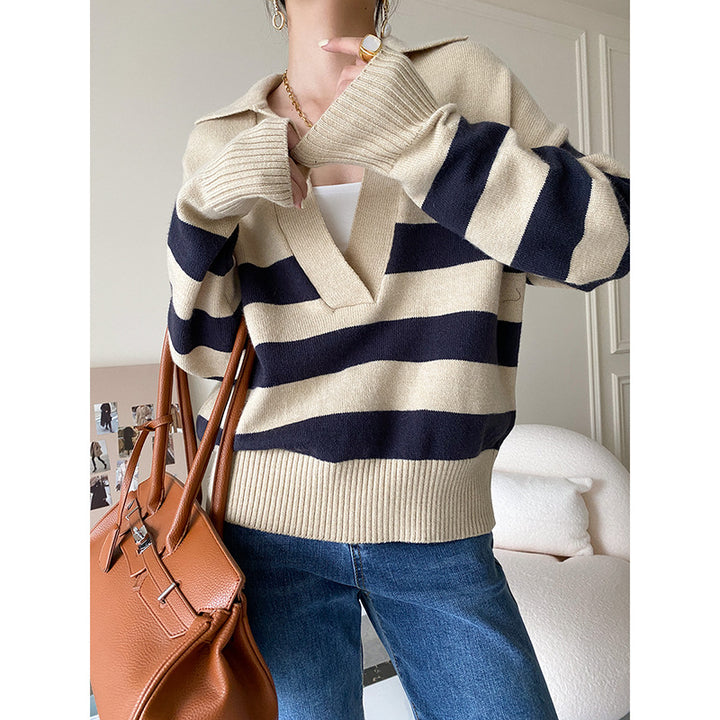 Damen lässiger Strickpullover mit V-Ausschnitt und asymmetrischem Streifenmuster Drune