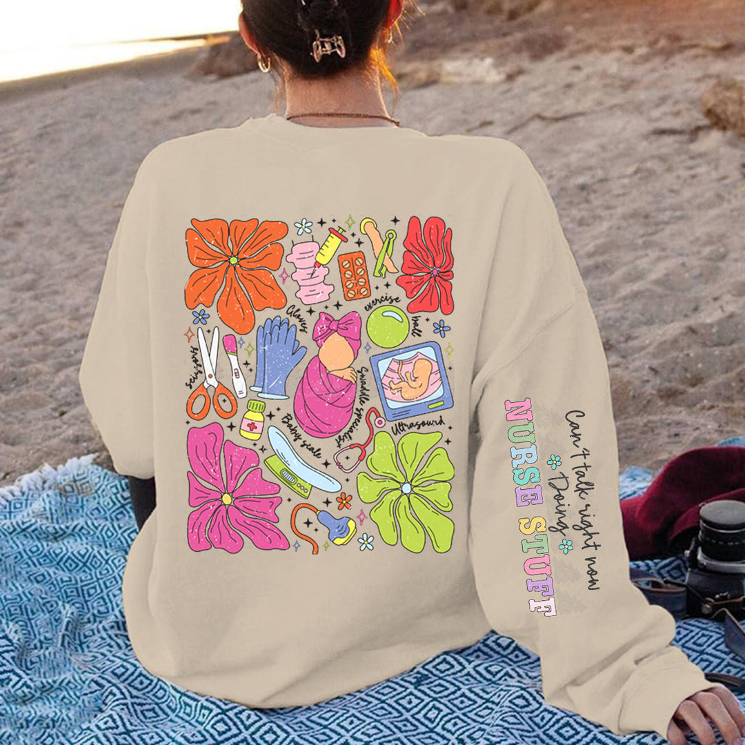 Damen Sweatshirt mit buntem Grafikdesign und originellem Pflege-Motiv Drune