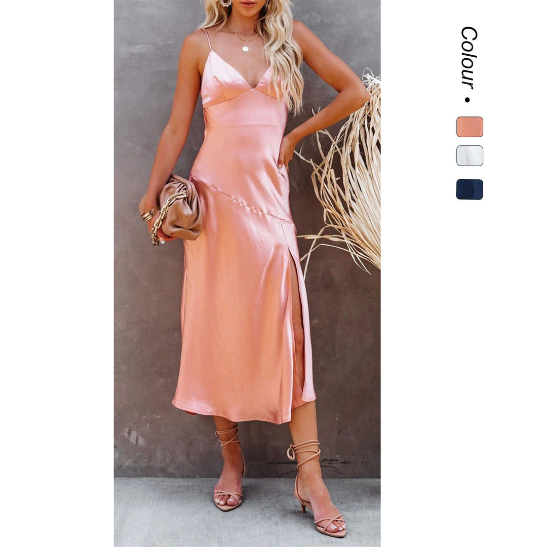 Damen Satin-Midikleid mit elegantem V-Ausschnitt und raffiniertem Schlitz Drune