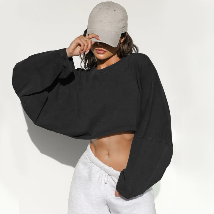 Damen lässiges Cropped Sweatshirt mit weitem Schnitt und Ballonärmeln Drune