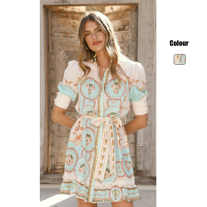 Damen Kurzarmkleid mit dekorativer Knopfleiste und verspieltem Volant Drune