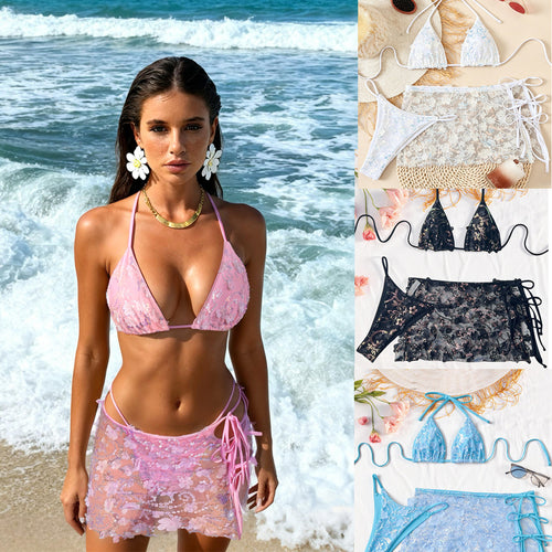 Damen Blumenmuster Triangel-Bikini mit transparentem Überrock Drune