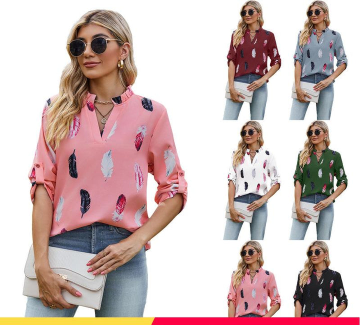 Damen Bluse mit eleganten Federmuster und halben Ärmeln Drune
