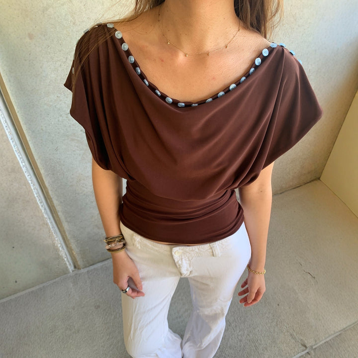 Damen Off-Shoulder Oberteil mit eleganter Knopfverzierung Drune