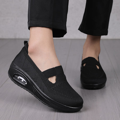 Damen nan Komfort-Slipper mit sichtbarer Luftkissenkeilsohle atmungsaktivem Strick und elastischem V-Einsatz Drune