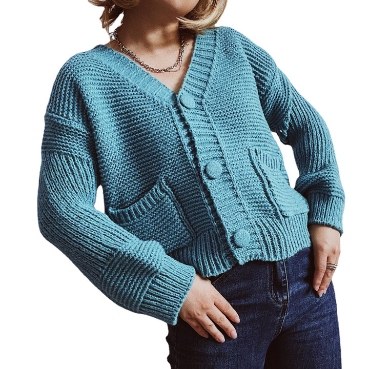 Damen lässige Strickjacke mit tiefem V-Ausschnitt und praktischen Taschen Drune