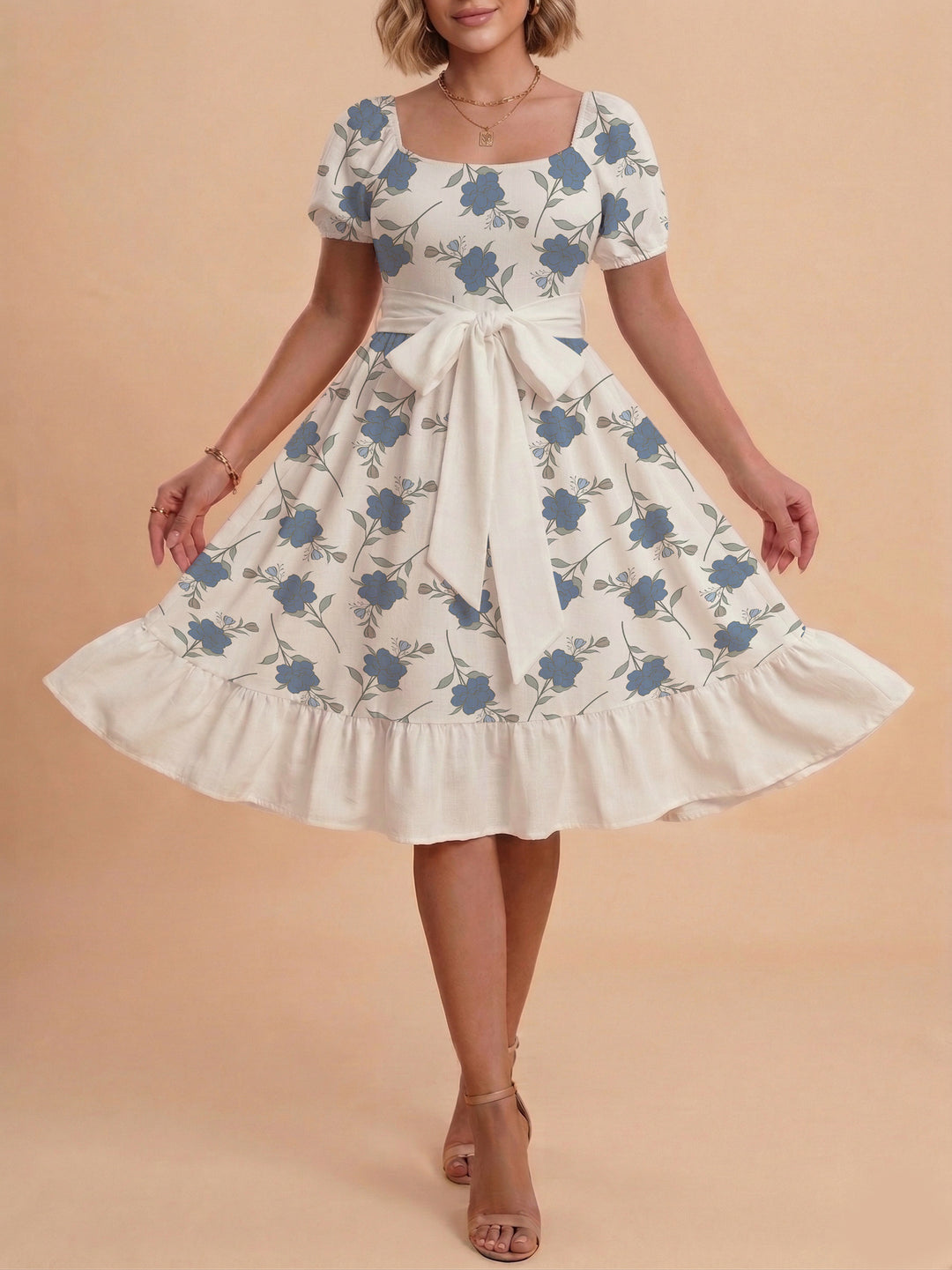 Damen Blumenkleid mit taillierbarem Gürtel und voluminösen Ärmeln Drune