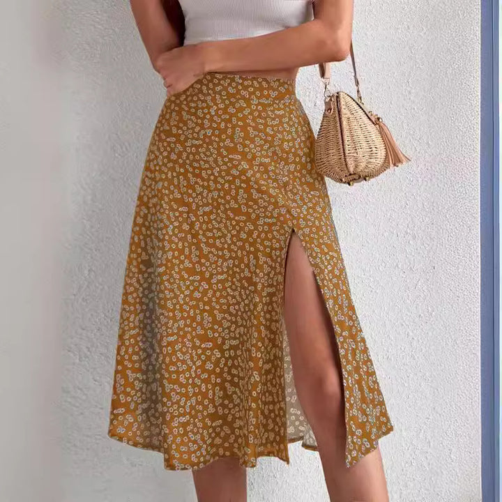 Damen Midi-Rock mit asymmetrischem Schlitz und floralem Muster Drune