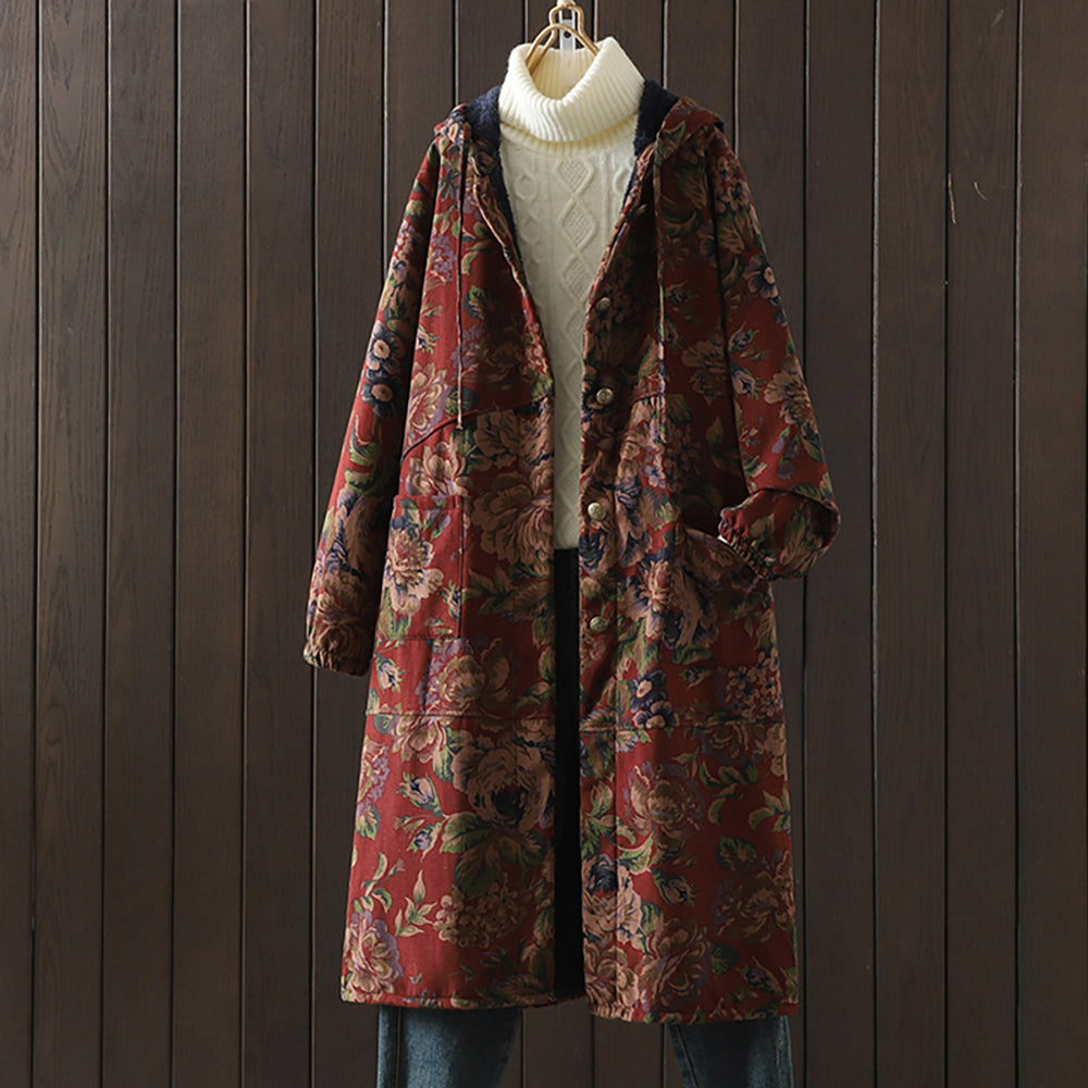 Drune | Langer Mantel im Vintage-Stil mit Blumendruck
