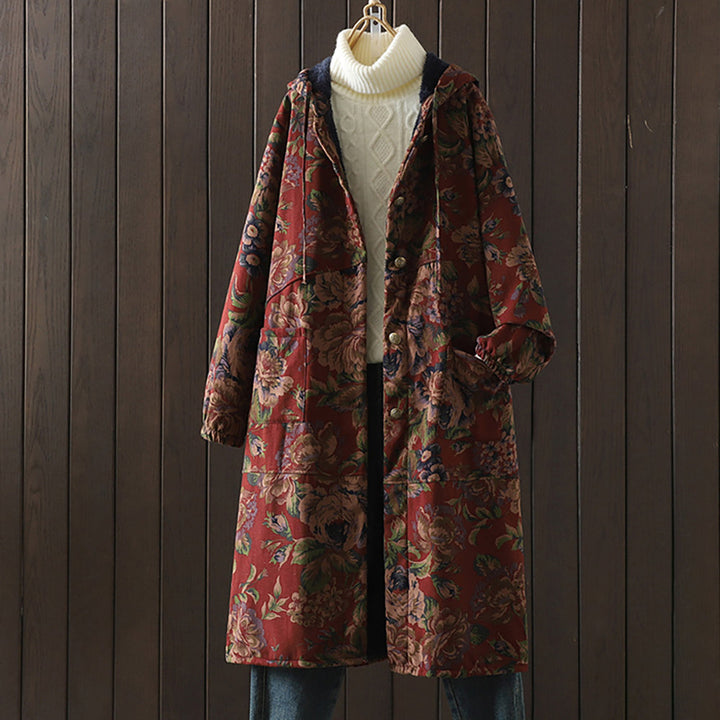 Drune | Langer Mantel im Vintage-Stil mit Blumendruck