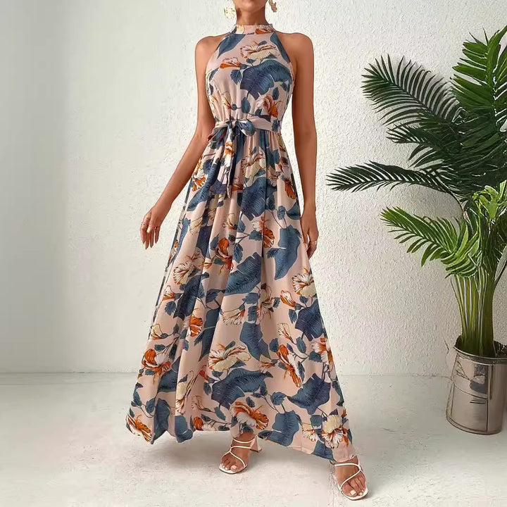 Damen Maxikleid im Boho-Stil mit hohem Kragen und Bindegürtel Drune