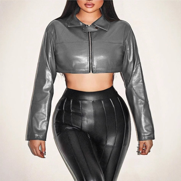 Damen cropped Kunstlederjacke mit innovativem Reißverschluss Drune