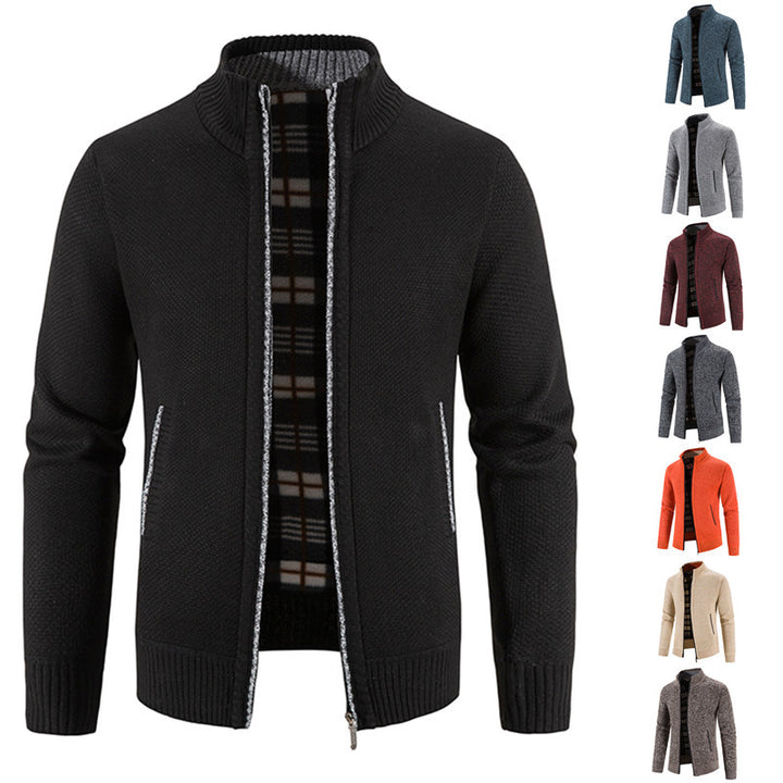 Herren nan Strickjacke mit durchgehendem Reißverschluss, Stehkragen und kariertem Futter Drune