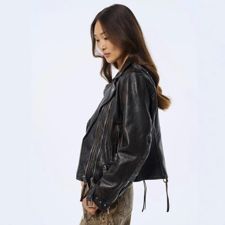 Damen Kunstleder Bikerjacke mit asymmetrischem Reißverschluss Drune