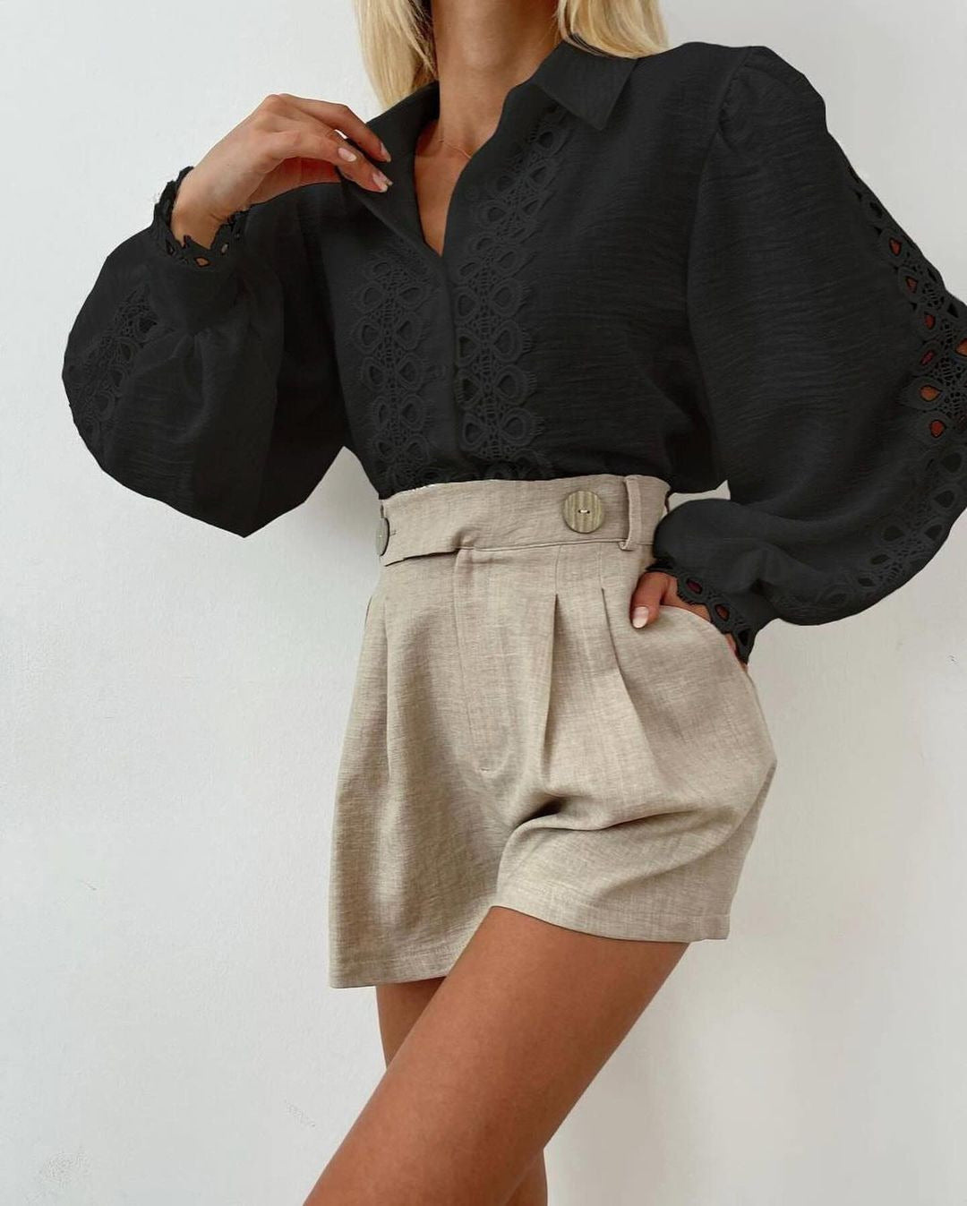 Damen Elegante Bluse mit raffiniertem Stickmuster und Ballonärmel Drune