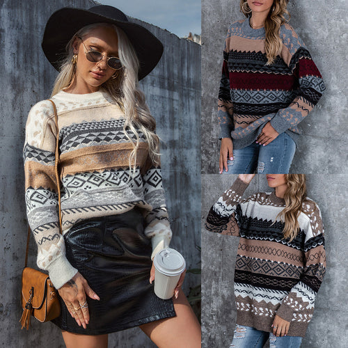 Damen Grobstrickpullover mit geometrischem Muster und weitem Schnitt Drune