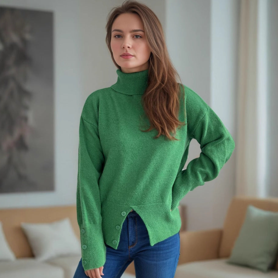 Damen gemütlicher Rollkragenpullover mit Knopfdetails Drune