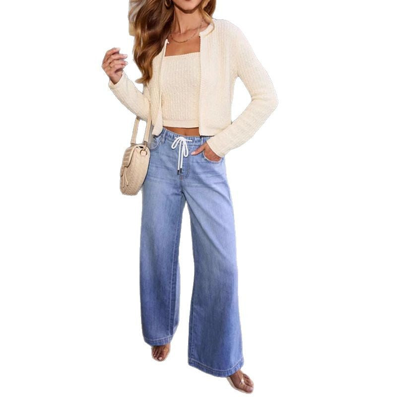 Damen Weit geschnittene Denim-Hosen mit elastischem Bund und modernem Kordelzug Drune
