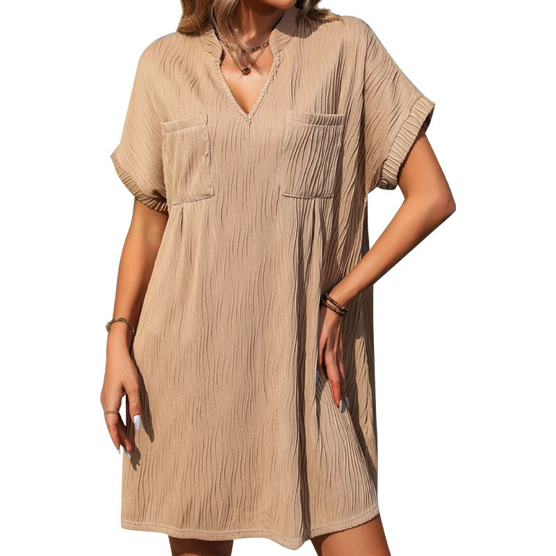 Damen Luftiges Freizeitkleid mit modischem V-Ausschnitt und strukturiertem Design Drune
