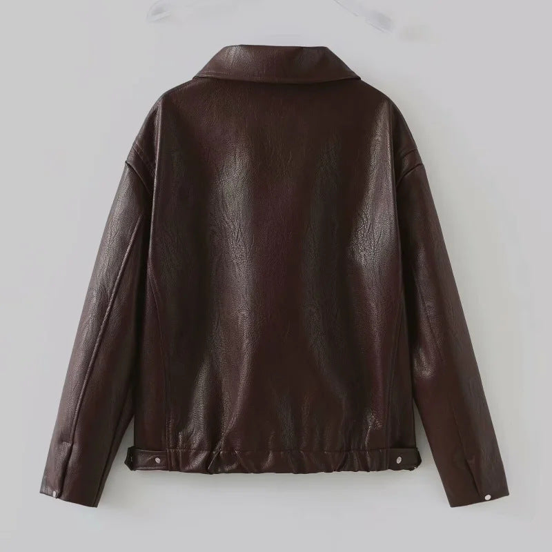 Damen Oversized Kunstlederjacke mit breitem Kragen und Reißverschluss Drune