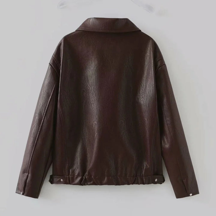 Damen Oversized Kunstlederjacke mit breitem Kragen und Reißverschluss Drune