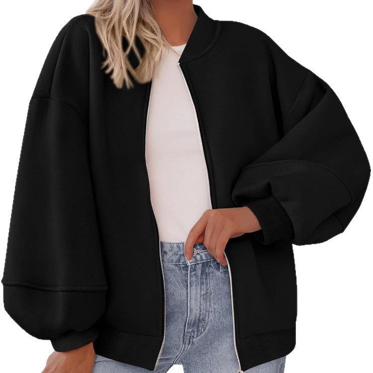 Damen Oversized Bomberjacke mit Reißverschluss und elastischen Bündchen Drune