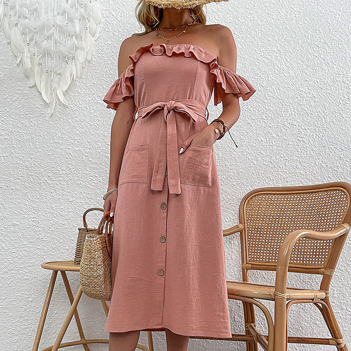 Damen Off-Shoulder Midi-Kleid mit Rüschendetails und Bindegürtel Drune