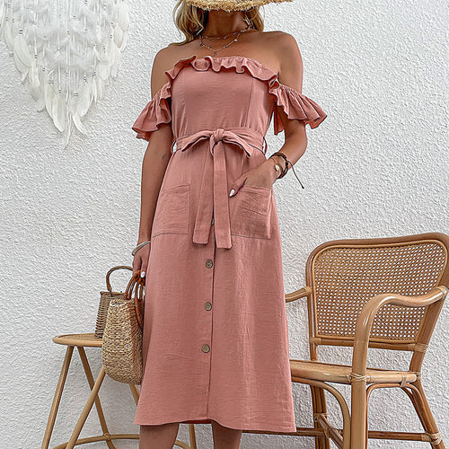 Damen Off-Shoulder Midi-Kleid mit Rüschendetails und Bindegürtel Drune