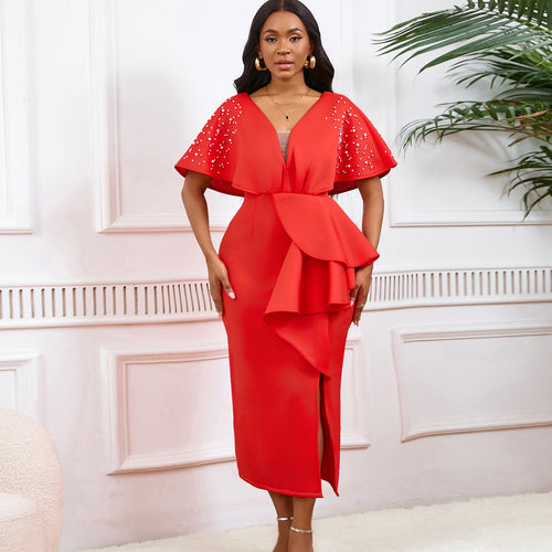 Damen Maxikleid mit glamourösem Volant und funkelnden Akzenten Drune