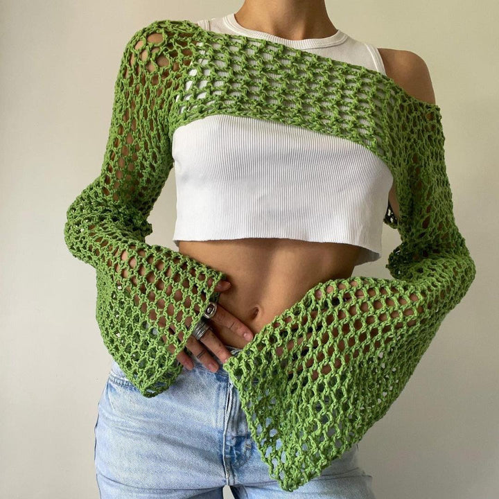 Damen gehäkeltes Langarm-Top mit Off-Shoulder-Design Drune