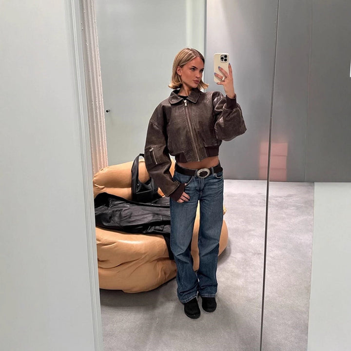 Damen Leder Bomberjacke mit lässigem Schnitt und Zipper-Details Drune