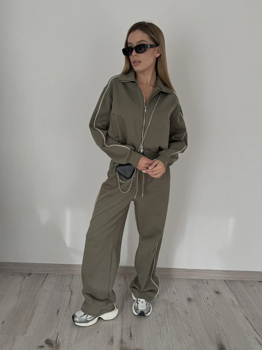 Damen modisches Sport-Fleece-Set mit hochwertigem Reißverschluss und elastischen Bündchen Drune