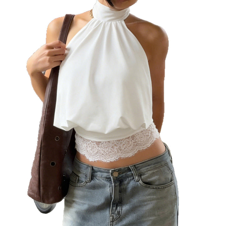 Damen elegantes Spaghetti-Trägertop mit transparentem Spitzenbesatz Drune