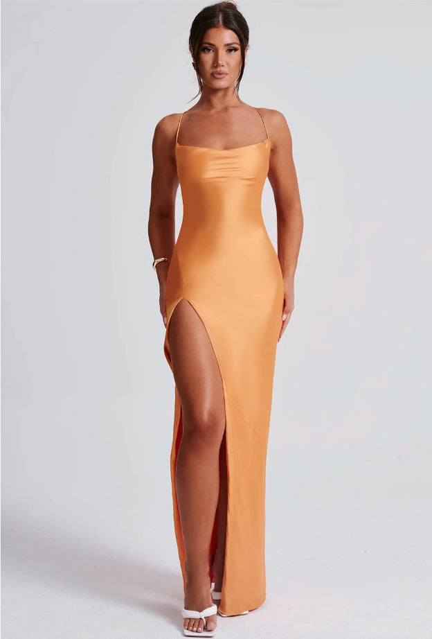 Damen Elegantes Maxikleid mit hochhängendem Schlitz und schmalem Trägerdesign Drune